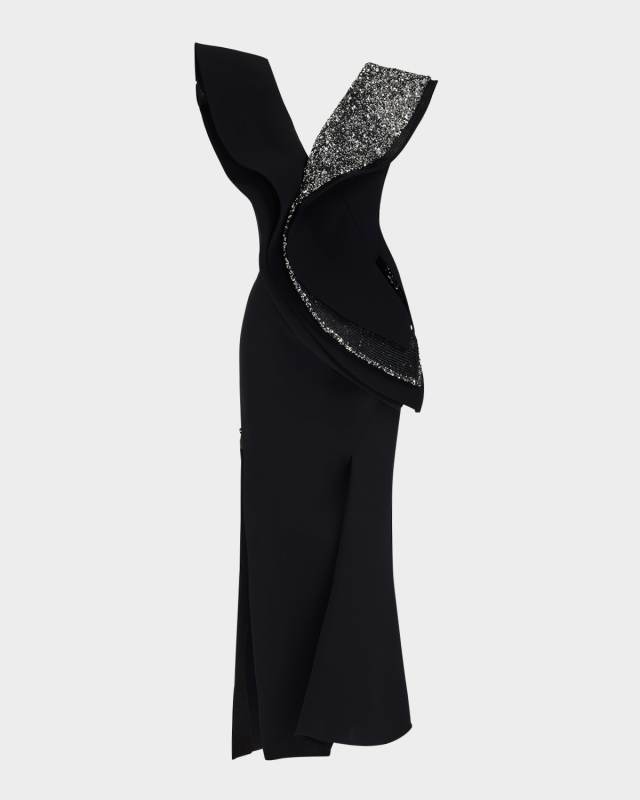Revive Wave Sequined-Ruffle Slit Midi Dress